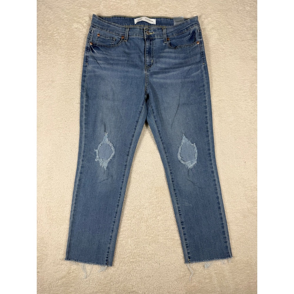 Signature Levi Strauss Mid Rise Boyfriend Jeans 14 W32 Blue Distressed Raw Hem